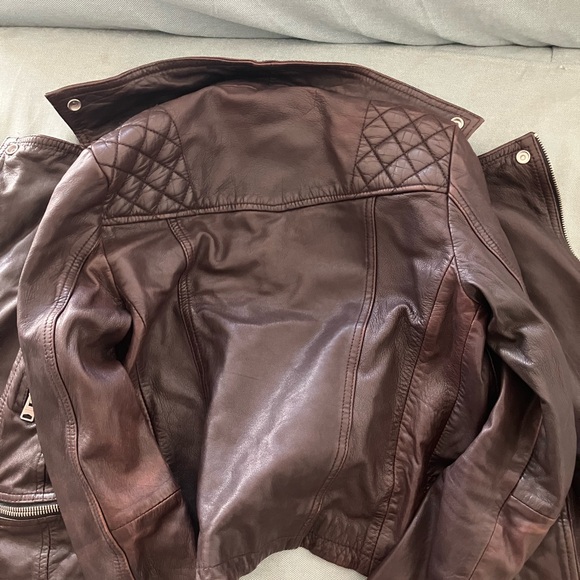 All Saints Quilted Maroon Brown Leather Jacket - Picture 3 of 5